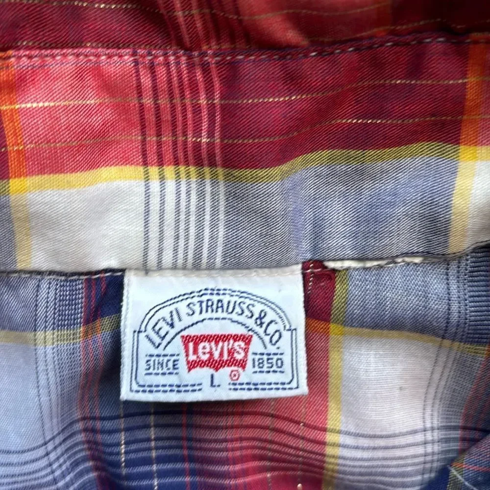 VTG 70’s Levi’s Red White Blue Gold Plaid Pearl Snap Western Shirt L